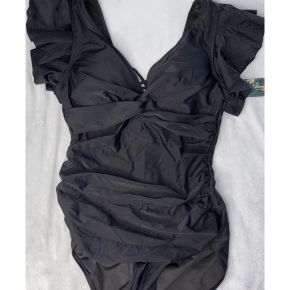 Blooming Jelly Women's One Piece Swimsuit XL Black Flutter Sleeved Ruched Tummy - Picture 1 of 5